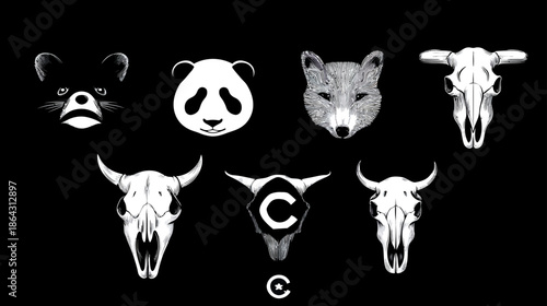 Stylized black and white animal heads and skulls collection. Graphic illustrations featuring fox, panda, raccoon, and bovine skulls.