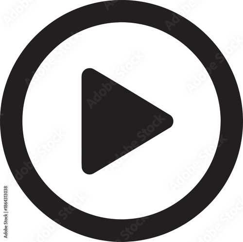 Black and white circular play button with a thick outer ring and a triangular play symbol in the center also transparent background