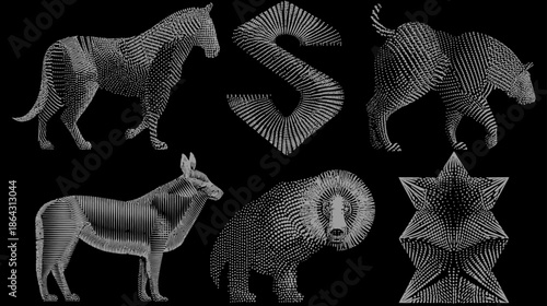 Abstract Geometric Animal Shapes and Stylized Letter S with Star Figure in Digital 3D Rendered Wireframe Design on Black Background