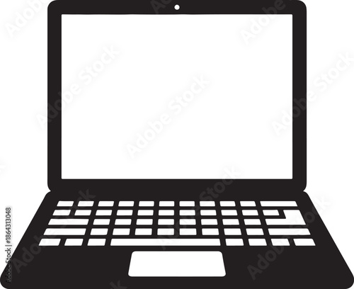Black and white laptop with open screen and visible keyboard also transparent background computer technology