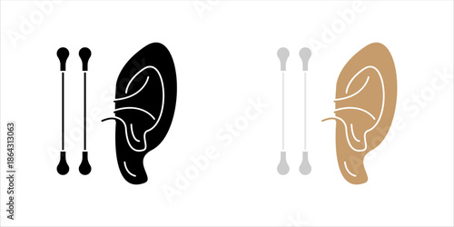 Ear Cleaning and Hearing Care Line Icon. Outline icon of human ear with cotton swabs, representing ear cleaning, hearing care, hygiene, and healthcare concept.	