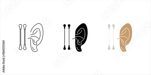 Ear Cleaning and Hearing Care Line Icon. Outline icon of human ear with cotton swabs, representing ear cleaning, hearing care, hygiene, and healthcare concept.	