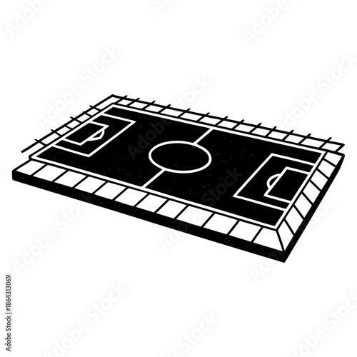 Stylized Isometric Black Soccer Pitch with Checkered Stands Vector Illustration.