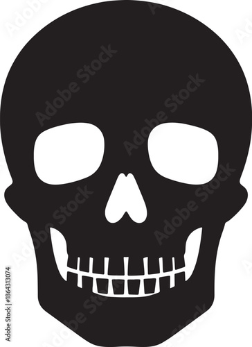 Black and white skull with large eyes and sharp teeth also transparent background