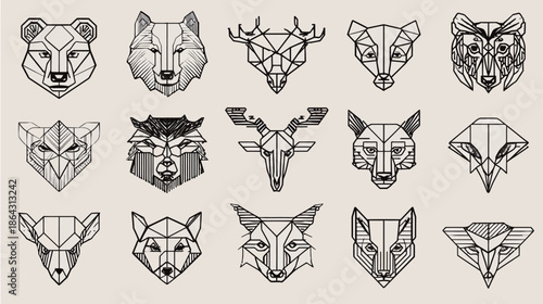 Geometric animal head collection. Polygonal wildlife illustrations: bear, wolf, deer, fox. Modern abstract vector art set.