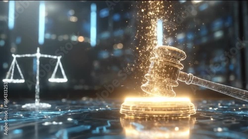 Golden Metal Judge Gavel On Reflective Surface With Sparkling Light Particles Against High Tech Blurred Background