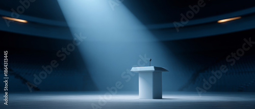 Empty podium with microphone illuminated by spotlight in large dark auditorium or stadium setting