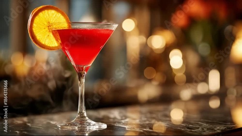 Vibrant Red Cocktail in Martini Glass Garnished with Orange Slice on a Dark, Luxurious Bar Counter with Bokeh Lights.	
