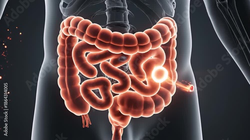 Wallpaper Mural Anatomical illustration of human digestive system showing progressive action of nutrient absorption and energy release in glowing intestines Torontodigital.ca