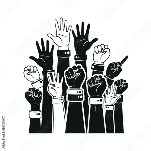 Raised hands in various gestures