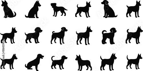 Collection of black silhouette dogs in various poses and positions sitting