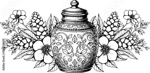 Ornate engraved illustration of ginger root jar surrounded by flower
