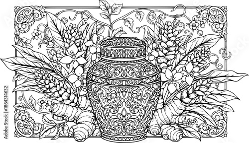 Ornate engraved illustration of ginger root jar surrounded by flower
