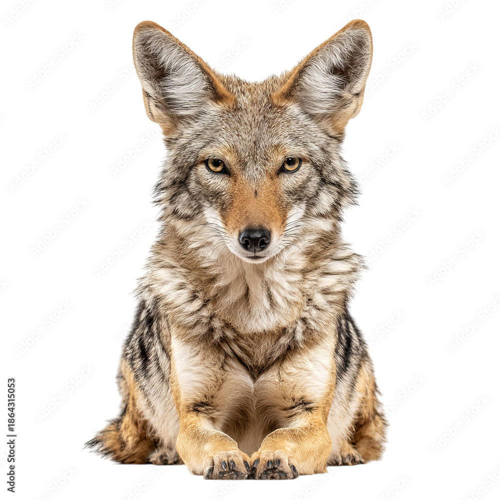 Fototapeta premium PNG of A striking close-up of a coyote with intense eyes and a commanding presence.
