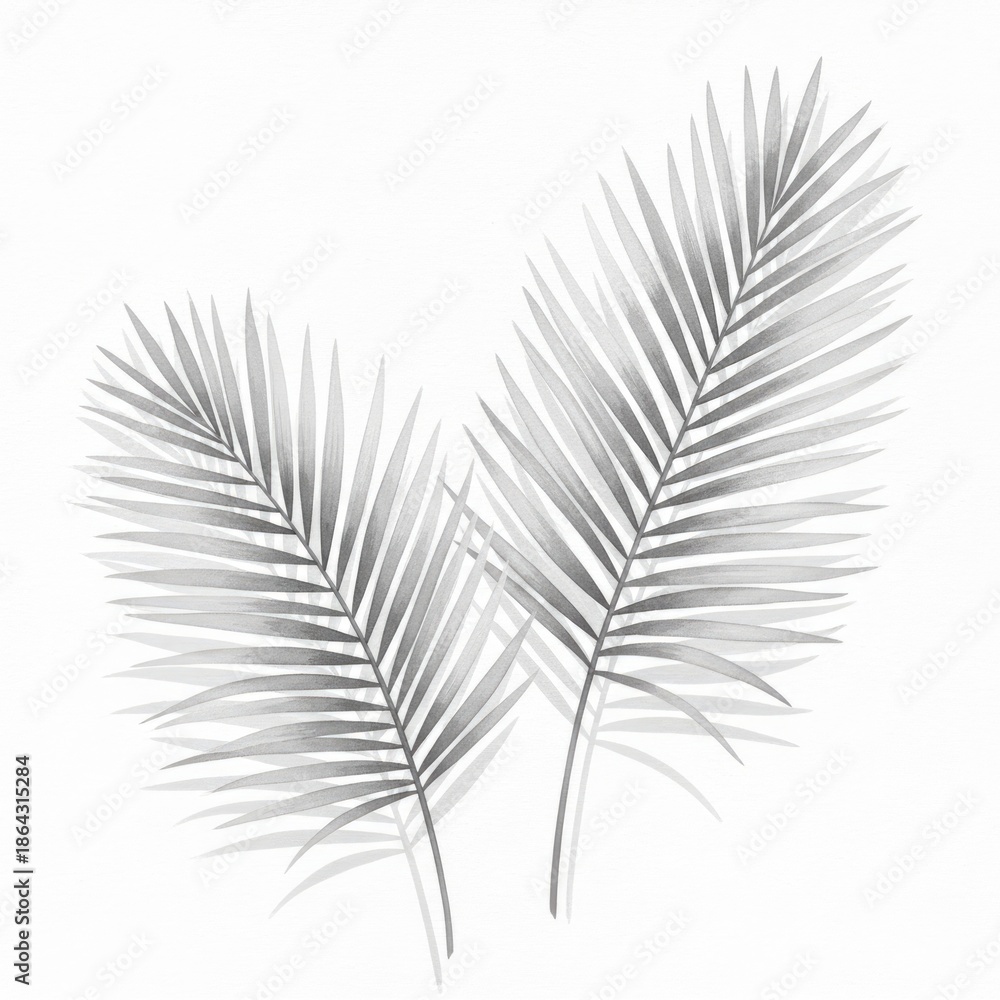 Naklejka premium Elegant sketch of two delicate palm fronds in soft grayscale white background