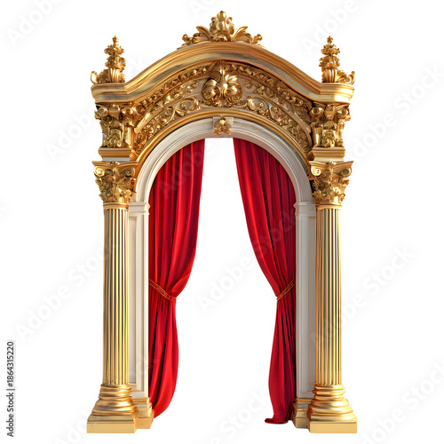 Luxurious gold archway with red curtains on black background