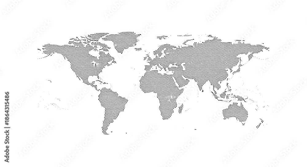 Fototapeta premium Minimalist world map formed from uniform black dots outlining continents with a stippling effect, crisp on a pristine transparent background with ample copy space, bright shadowless lighting,