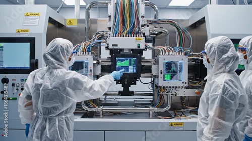 Engineers in cleanroom suits operate a semiconductor lithography tool with wafer loading and monitors in a sterile lab, bright white lighting, concept of nanotechnology for microchips and processors