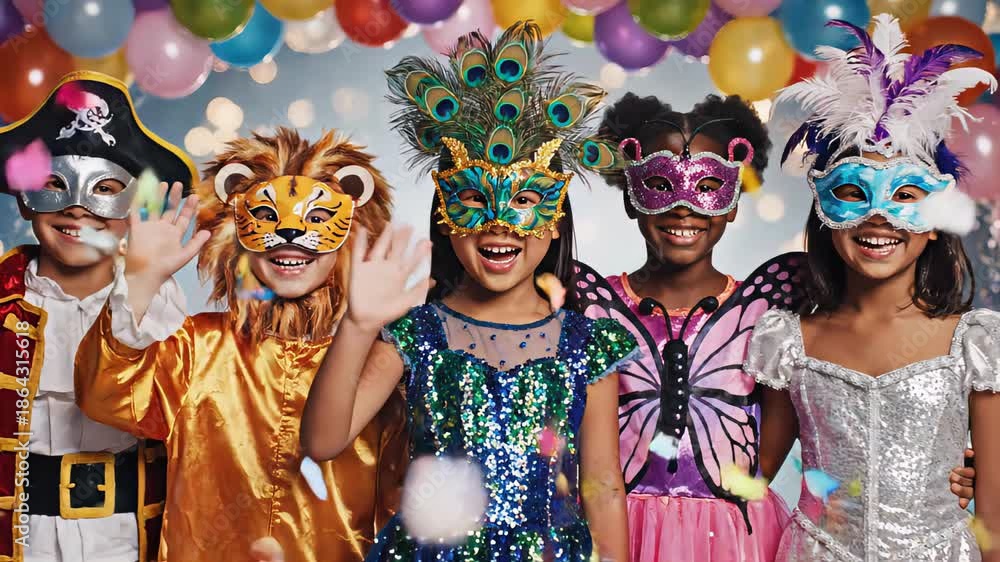custom made wallpaper toronto digitalGroup of children in colorful costumes and masks celebrating carnival with confetti, joyful expressions and vibrant decorations creating a festive atmosphere