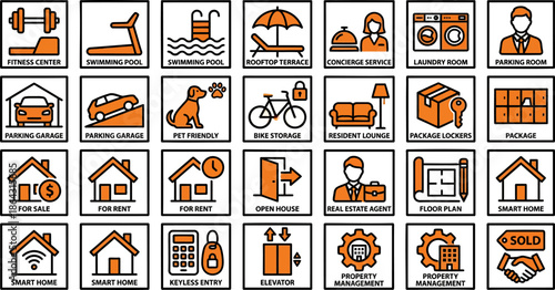 Building Amenities and Real Estate icon set. Contains symbols for Parking, Gym, Wi-Fi, Pet Friendly and Car Charging. Solid vector icons for apartment facilities and property management
