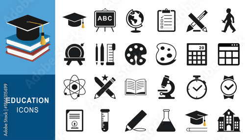 A clean black vector school and education icon set designed for web, media, and digital communication