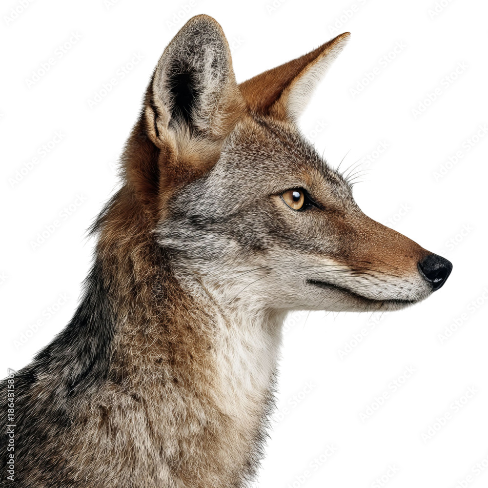 Fototapeta premium PNG of Close-up of a coyote in profile, showcasing its sharp features and alert expression.