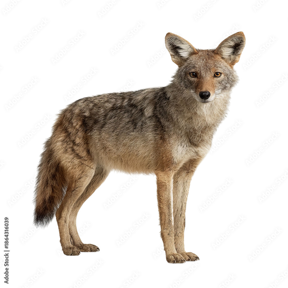 Fototapeta premium PNG of A standing coyote showcasing its sharp features and fur texture.