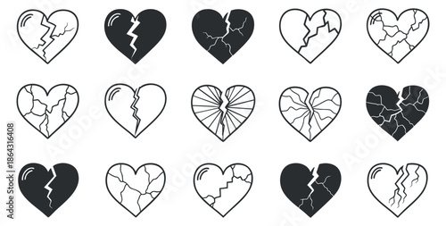 A collection of broken heart icons in various styles, including outline and solid black and white, ideal for emotional design projects