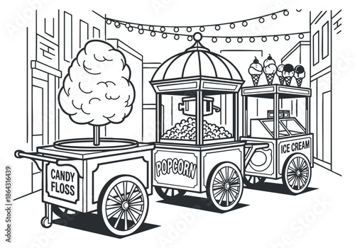 A playful line drawing of a candy floss cart, a popcorn stand, and an ice cream vendor in a charming street setting, ideal for amusement park themed designs