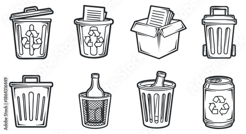 A set of various trash bins, recycling containers, and waste disposal icons in black and white outline vector style, suitable for environmental projects and graphic design