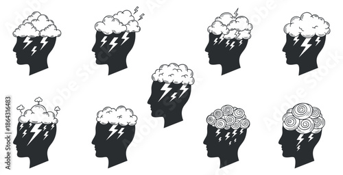 A collection of silhouette heads with different cloud and lightning designs in black and white vector style, ideal for mental health and creative projects