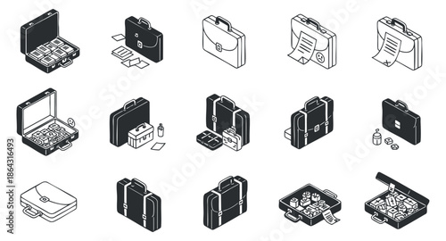 A collection of business briefcase icons featuring various designs and contents in minimalist black and white vector style, ideal for corporate and office-related projects