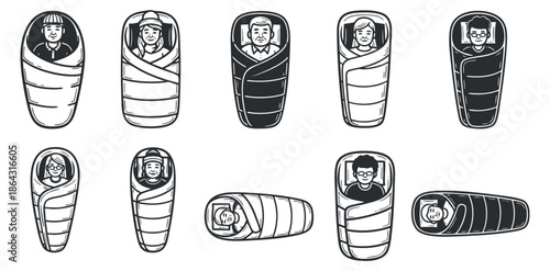 A set of cartoon-style baby wrap illustrations featuring diverse characters in black and white minimalist vector style, suitable for childcare and nursery designs