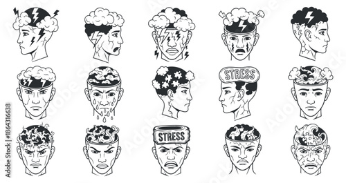 A collection of stress emotion icons featuring diverse male heads expressing various feelings in black and white vector style, ideal for mental health awareness projects