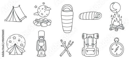 A collection of camping icons including tents, lanterns, sleeping bags, and campfires in black and white line art style, perfect for outdoor adventure branding