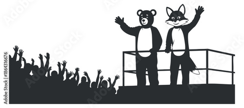 A bear and a fox mascot waving on stage with a cheering crowd in black and white silhouette vector style, perfect for event promotion and entertainment branding