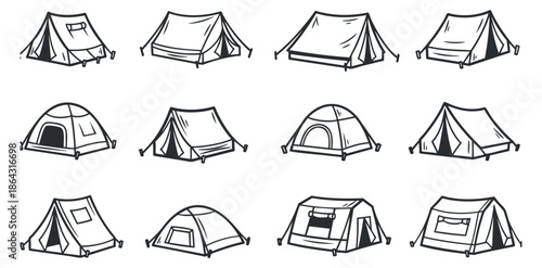 A set of various camping tents in black and white minimalist vector style, suitable for outdoor adventure designs