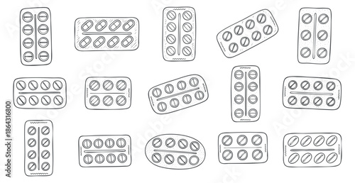 A collection of various blister packs containing pills in black and white outline vector style, suitable for healthcare and pharmacy projects