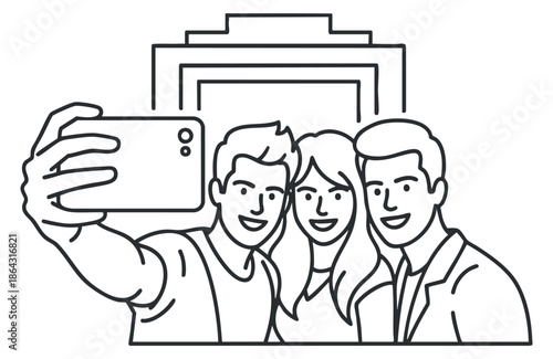 A group of three friends taking a selfie in an outline vector style, ideal for social media and lifestyle content