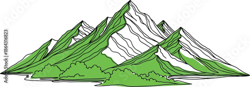 Stunning green mountain landscape with snow capped peaks