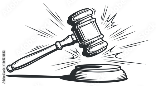A gavel striking a sound block in black and white minimalist vector style, ideal for legal and courtroom themes