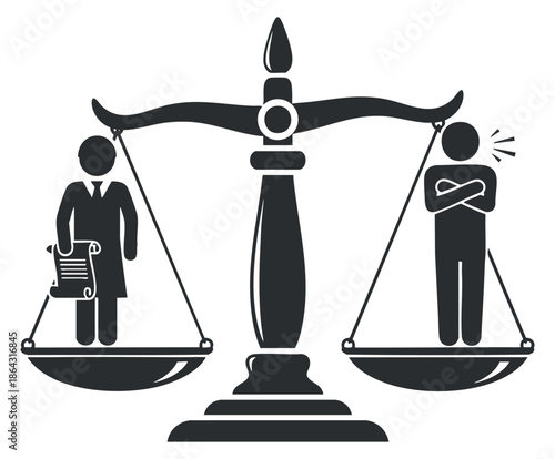 A balanced scale featuring two figures, one holding legal documents and the other appearing displeased, in minimalist black and white vector style, ideal for legal and justice-related projects