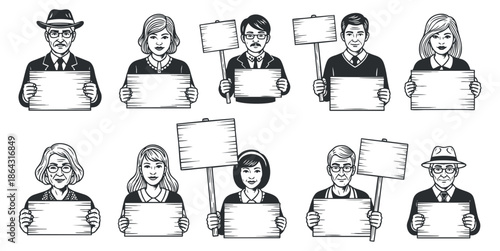 A collection of diverse people holding blank signs in a black and white vector illustration style, suitable for activism and social awareness projects