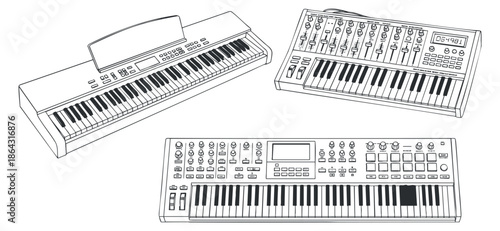 A collection of electronic synthesizers and keyboards in flat outline vector style, suitable for music production branding and creative projects