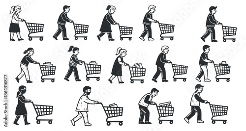 A collection of diverse characters pushing shopping carts in black and white minimalist vector style, ideal for retail and commerce illustrations