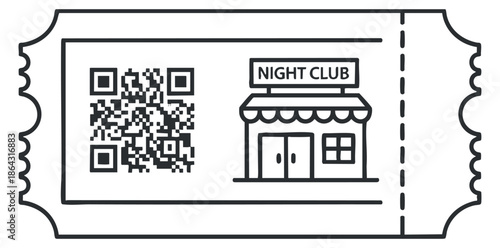 A nightclub entry ticket featuring a QR code in black and white minimalist vector style, ideal for event branding and design