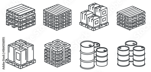 A collection of pallets, containers, and barrels in black and white outline vector style, suitable for logistics and storage design