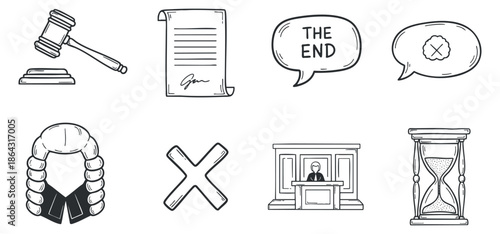 A collection of legal icons including a gavel, document, judge, hourglass, and courtroom in minimalist black and white vector style, suitable for law-related designs and educational materials