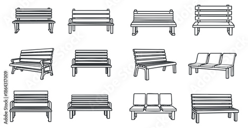 A collection of twelve different bench designs in black and white minimalist vector style, suitable for urban planning and outdoor decor