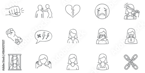 A collection of outline vector icons depicting emotions and mental health concepts, ideal for wellness and therapy applications